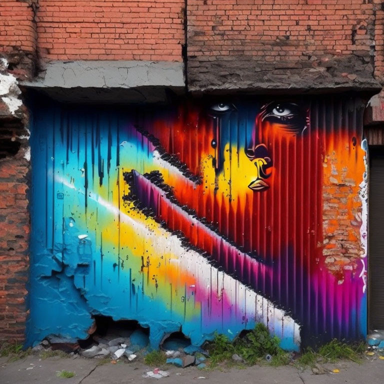 Vibrant graffiti face on garage door against brick wall with colorful diagonal line