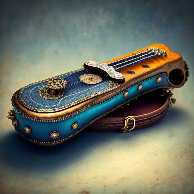 Blue and Brown Ornate Stringed Musical Instrument on Textured Background