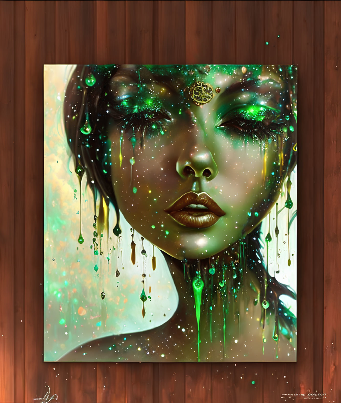 Surreal portrait of a woman with closed eyes and vibrant green dripping effects on wood-paneled wall