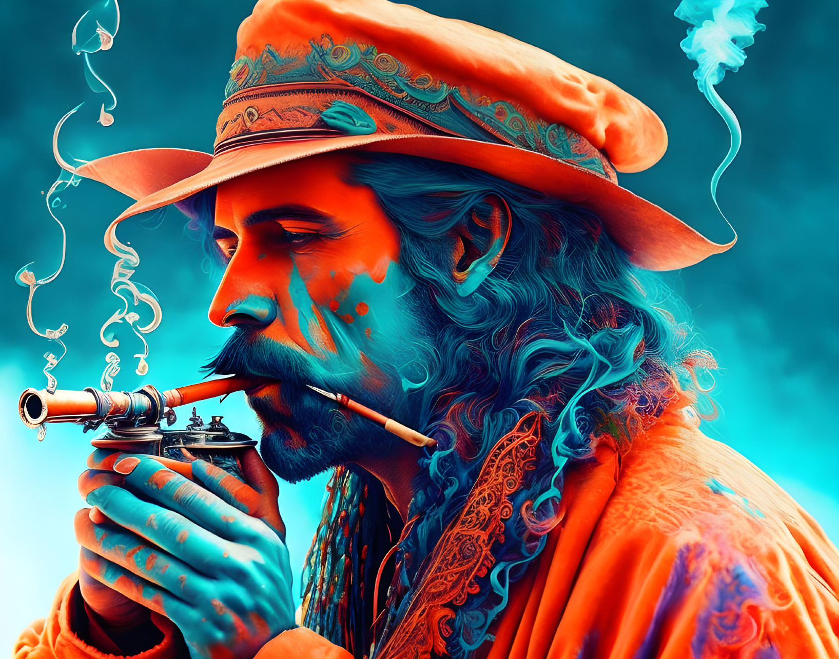 Detailed Digital Art: Man in Historical Attire Smoking Pipe