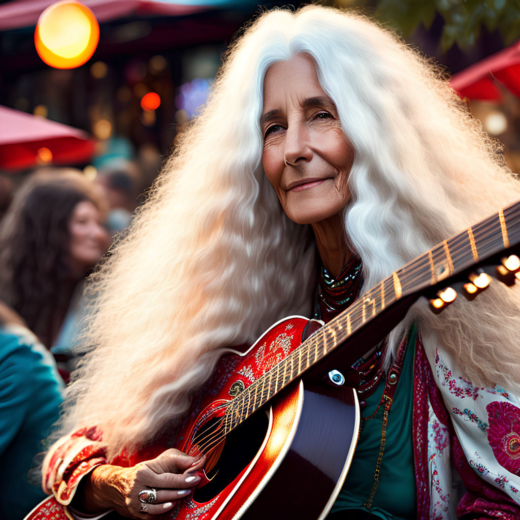 Elderly woman with long white hair holding red acoustic guitar in bohemian attire