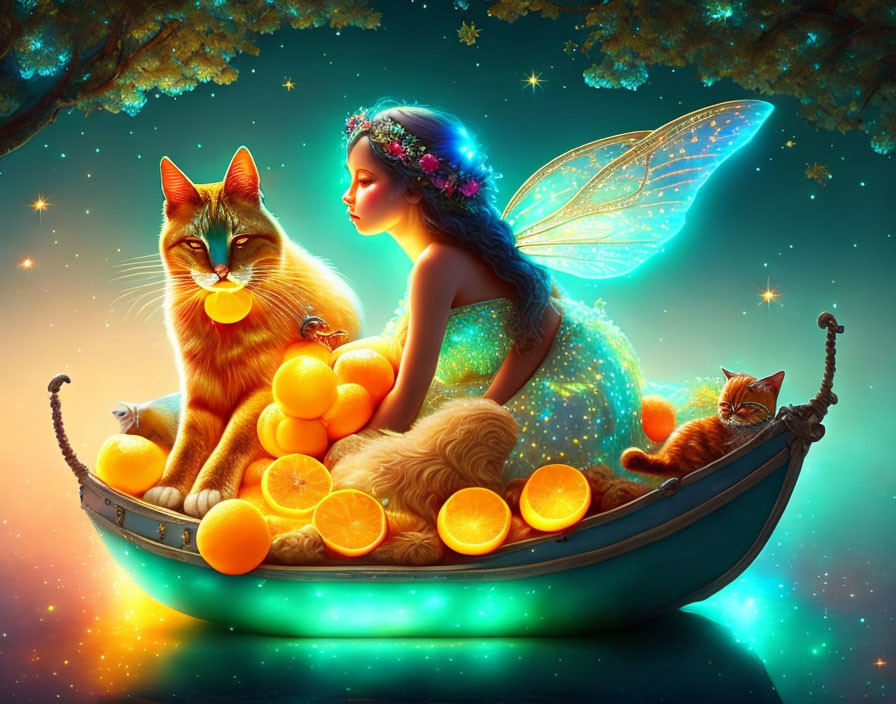 Fairy with luminescent wings in boat with oranges, large cat, and kitten under starry