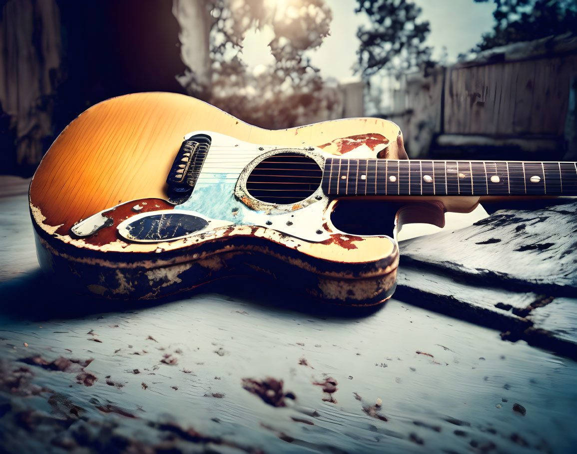 Weathered Acoustic Guitar on Rustic Wooden Floor