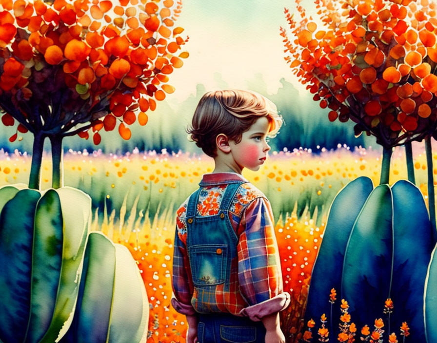 Child in denim overalls in vibrant, colorful field with whimsical orange trees