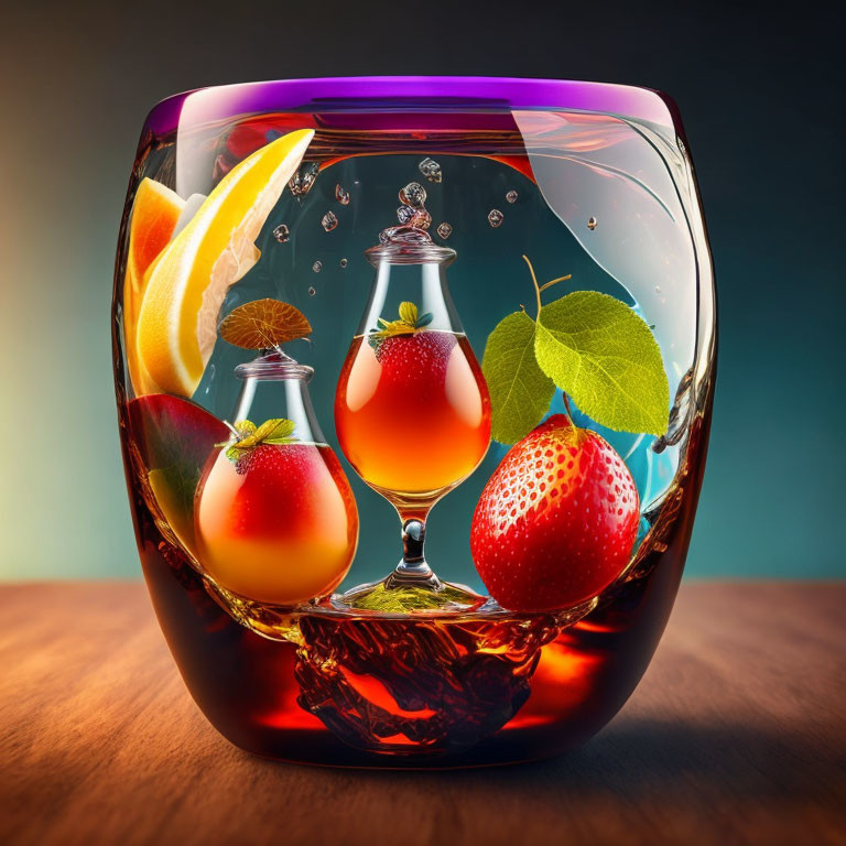 Vibrant Conceptual Glass with Fruit and Beverages in Liquid Swirl