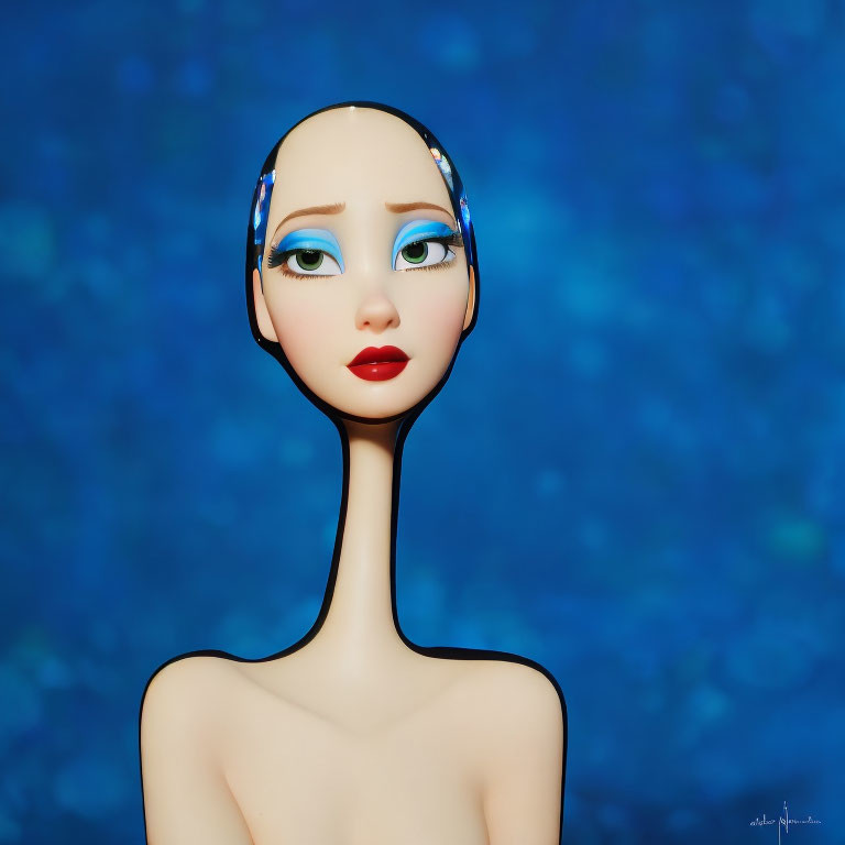 Stylized digital artwork of female figure with large eyes and blue makeup