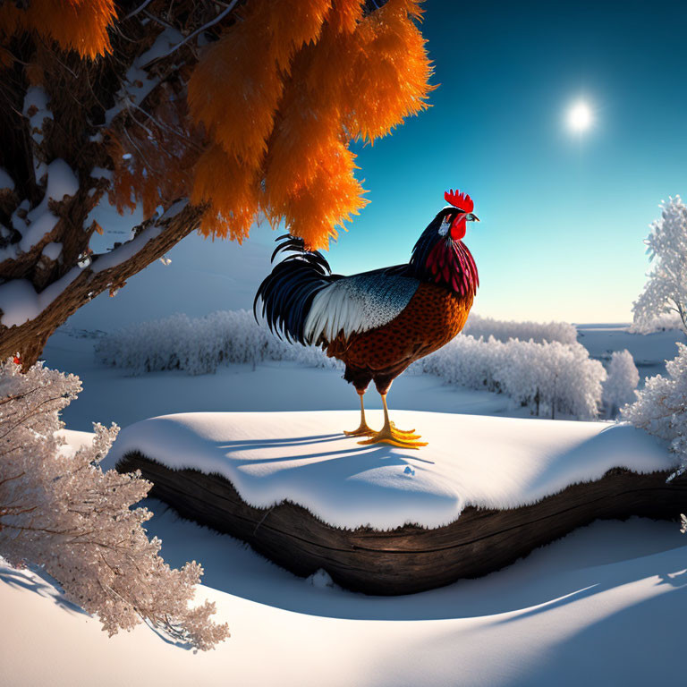 Colorful Rooster on Snow-Covered Log in Winter Landscape