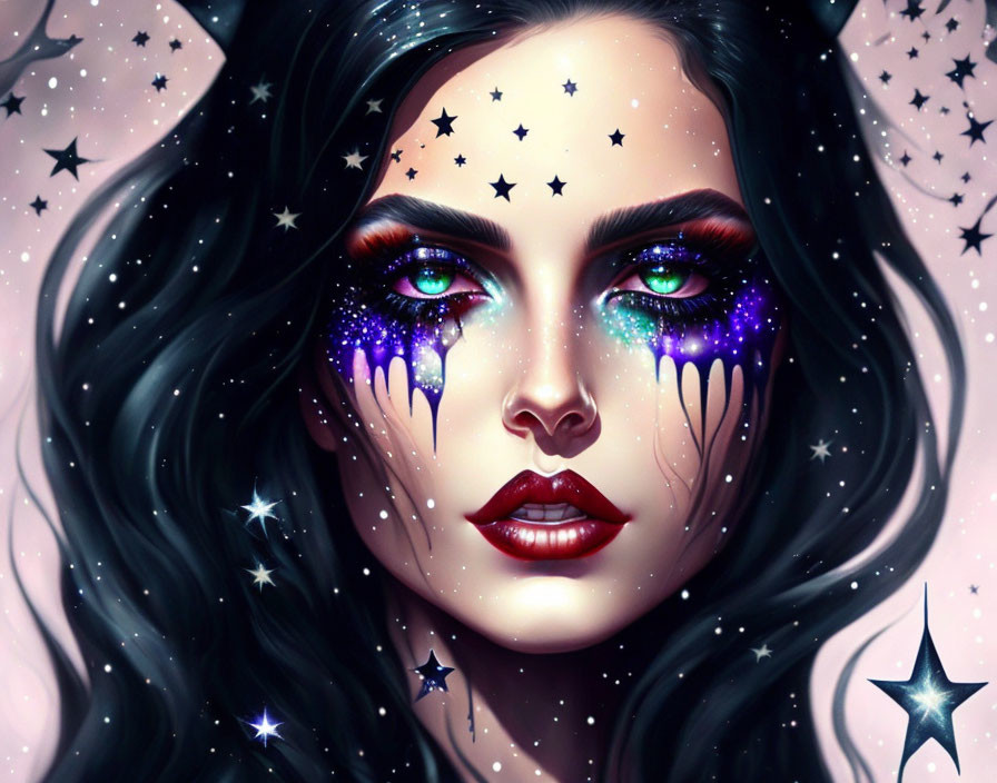 Digital Artwork: Woman with Galaxy-Themed Makeup & Constellations