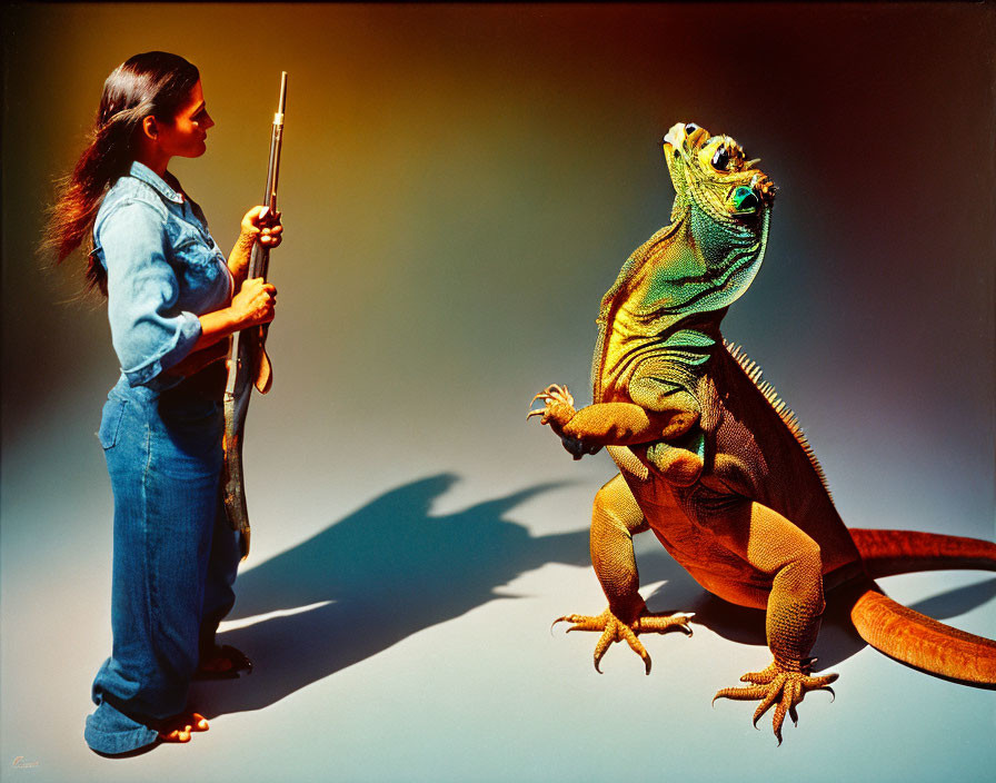 Woman in denim overalls with rifle faces giant iguana on leash against gradient backdrop