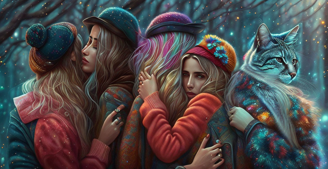 Four women in colorful winter attire hugging under starlit sky with large cat