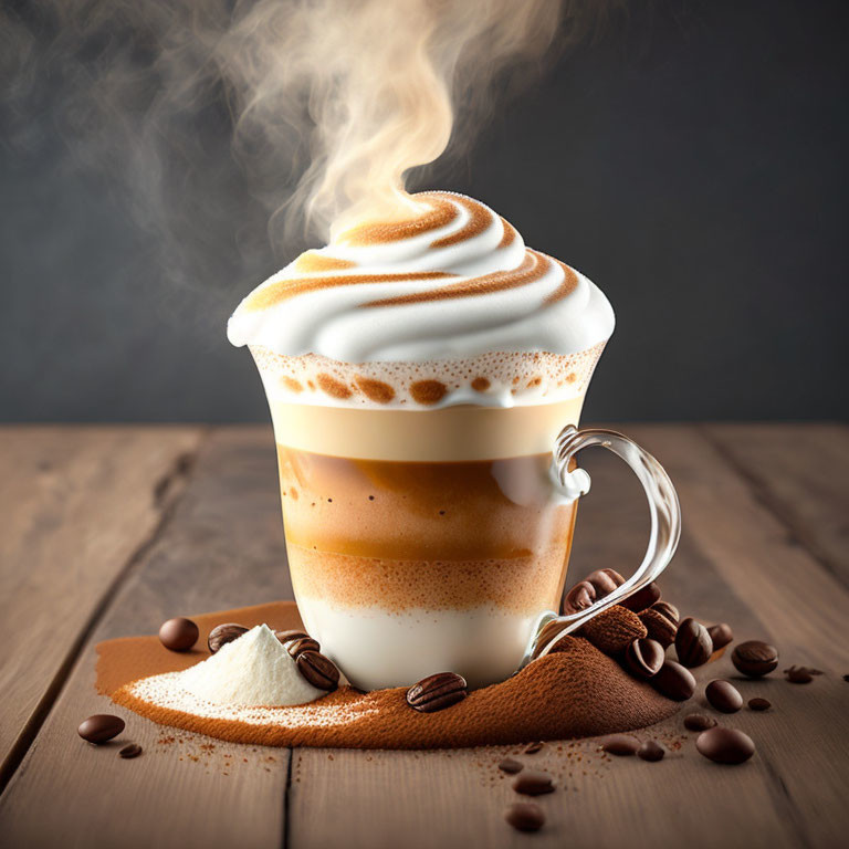 Steaming Latte with Whipped Cream, Coffee Beans, and White Chocolate on Wooden Surface