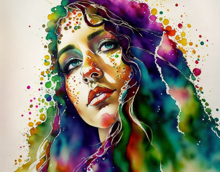 Vibrant Watercolor Portrait of Woman with Colorful Splashes