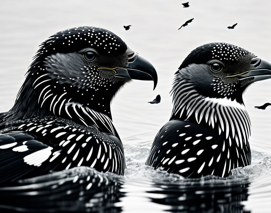 Stylized black and white birds with dotted feather patterns on water.