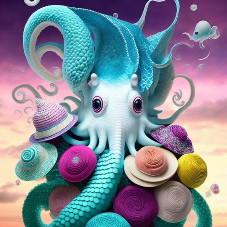 Colorful Octopus with Stylish Hats in Dreamy Purple Sky