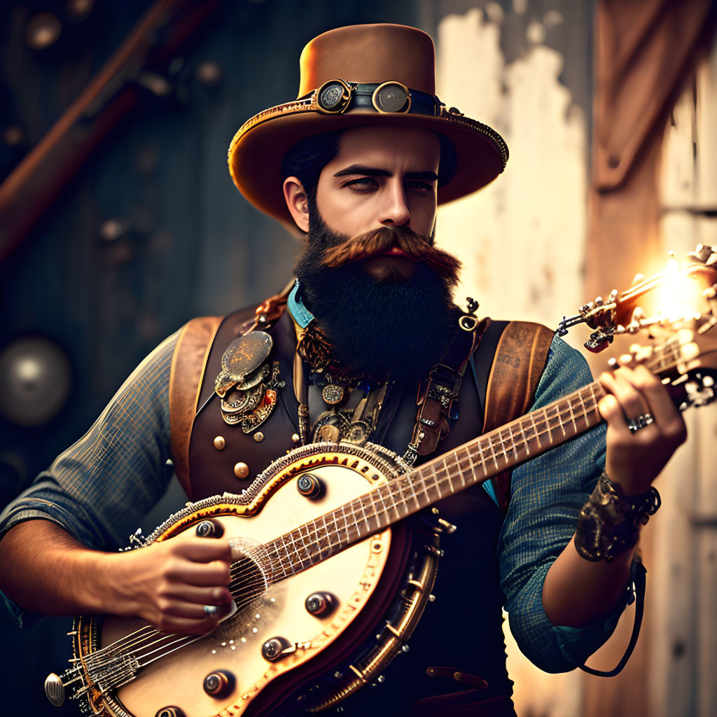 Steampunk-themed man playing banjo with top hat and goggles