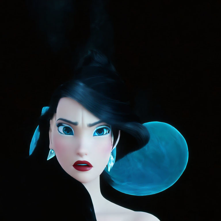 Stylized animated female character with pale blue skin and dark hair against moonlit background