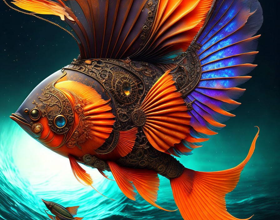 Colorful digital artwork of ornate mechanical betta fish in gold and blue swimming underwater.