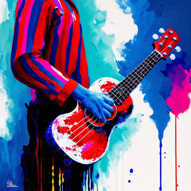 Abstract painting of person with guitar in vibrant blue and red hues