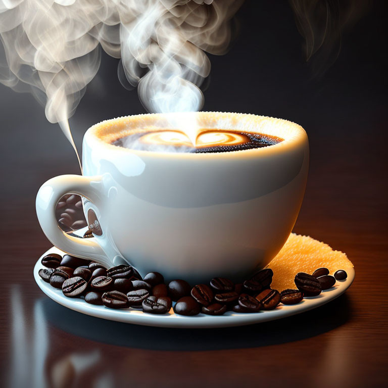 Heart-shaped design in crema with coffee beans and sugar packet on saucer