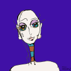 Stylized female figure with expressive eyes and colorful neck on purple background