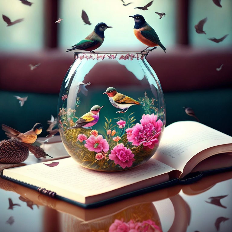 Birds perched on glass bowl with flowers and open book, more birds flying in background