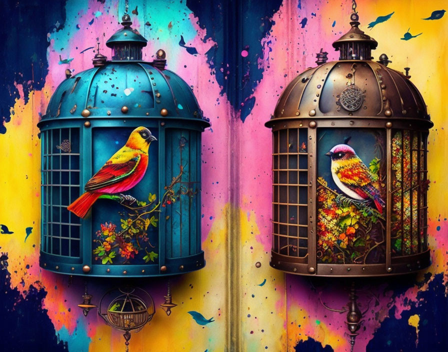 Colorful bird cages and birds against graffiti-style backdrop with vibrant hues.