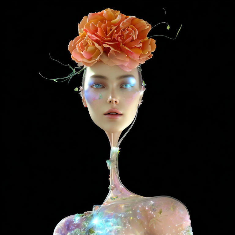 Digital artwork: Woman with porcelain skin, blue eyes, orange flower bouquet on head, black background