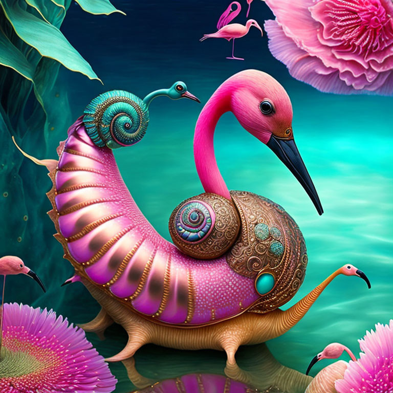 Fantasy creature with flamingo head in vibrant floral setting