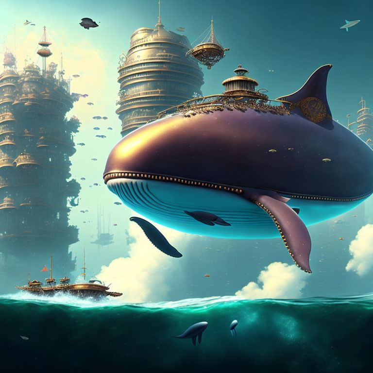 Underwater fantasy with futuristic cities, giant whale, fish, and classic ship