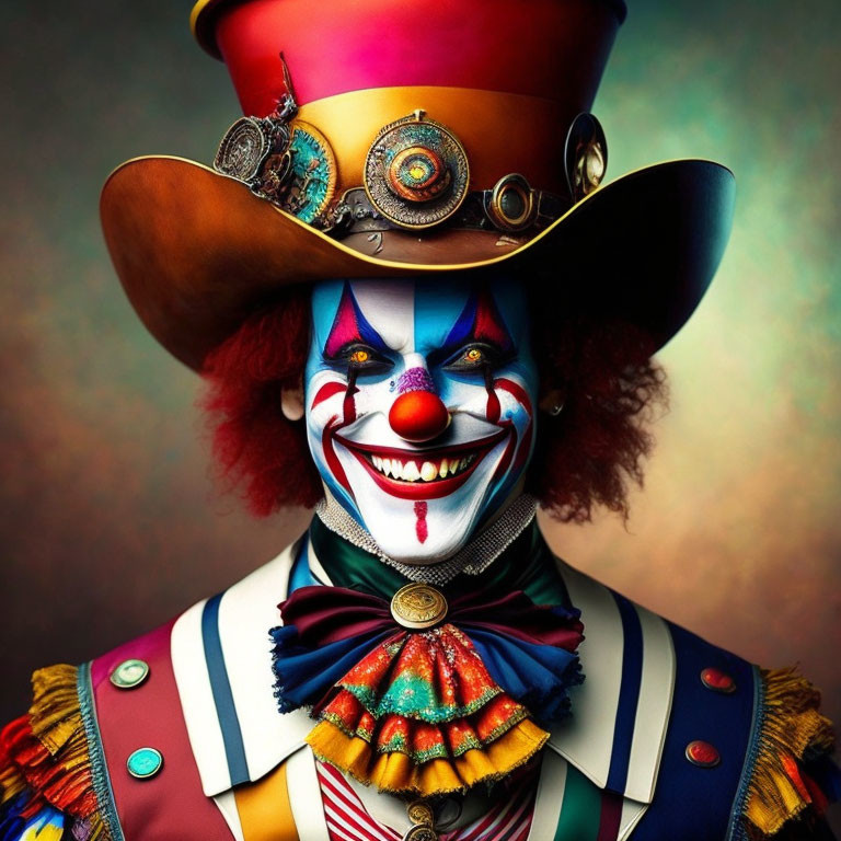 Colorful Clown Portrait with Whimsical Hat and Ruffled Collar