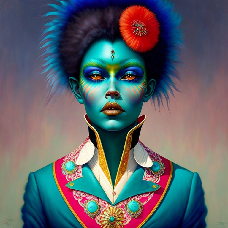 Vibrant portrait of a person with blue skin and intricate hairpiece