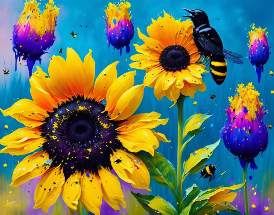 Colorful sunflower painting with bumblebees in vibrant hues