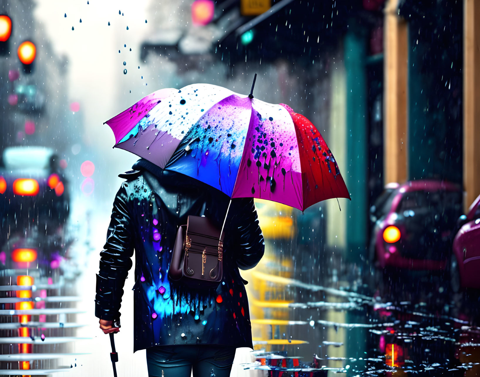 Colorful umbrella person walking on rainy city street with blurred traffic lights and cars.