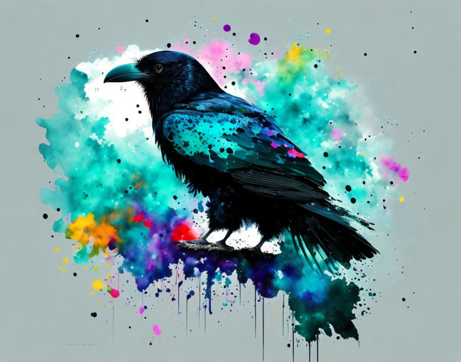 Realistic raven against multicolored paint splatter fusion