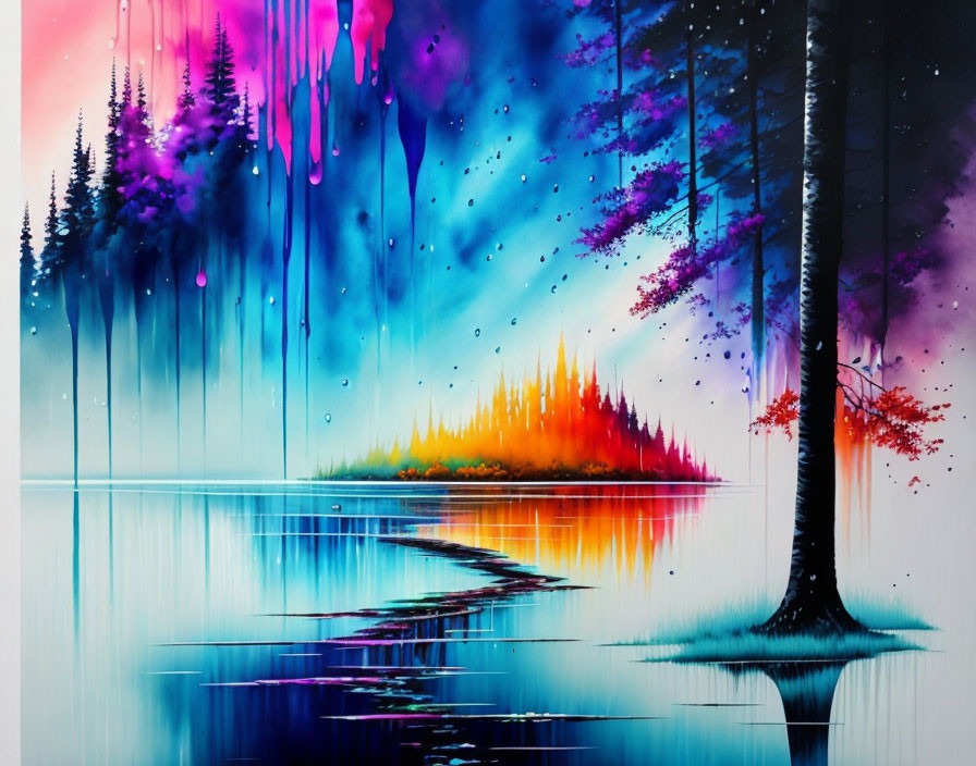 Colorful Tree Painting with Reflective Water Surface and Vivid Paint Drips