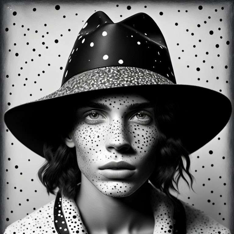 Monochrome portrait of a person with freckles and polka-dotted hat in seamless pattern.