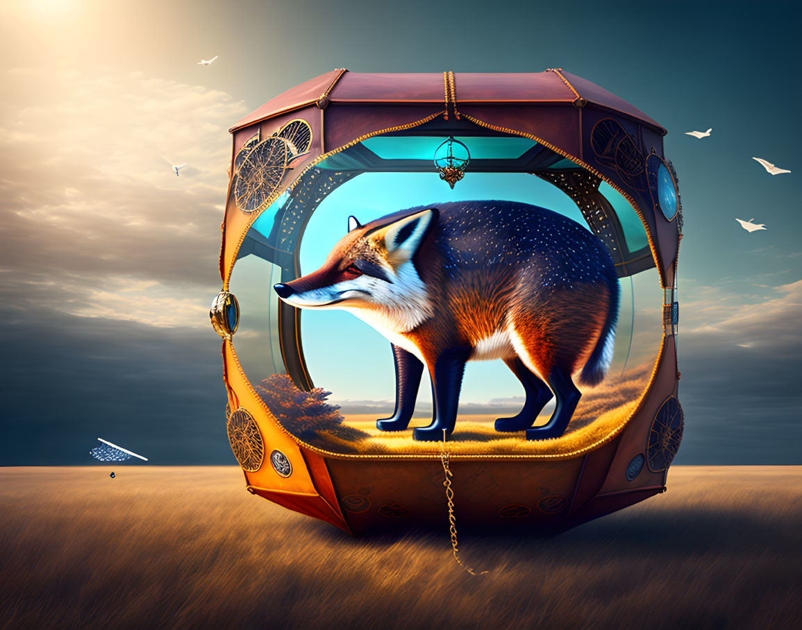 Fox in octagonal lantern under twilight sky with flying birds on desert landscape