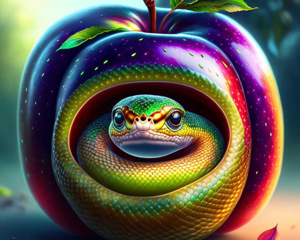 Colorful Snake-Frog Hybrid Coiled in Apple with Dewdrops