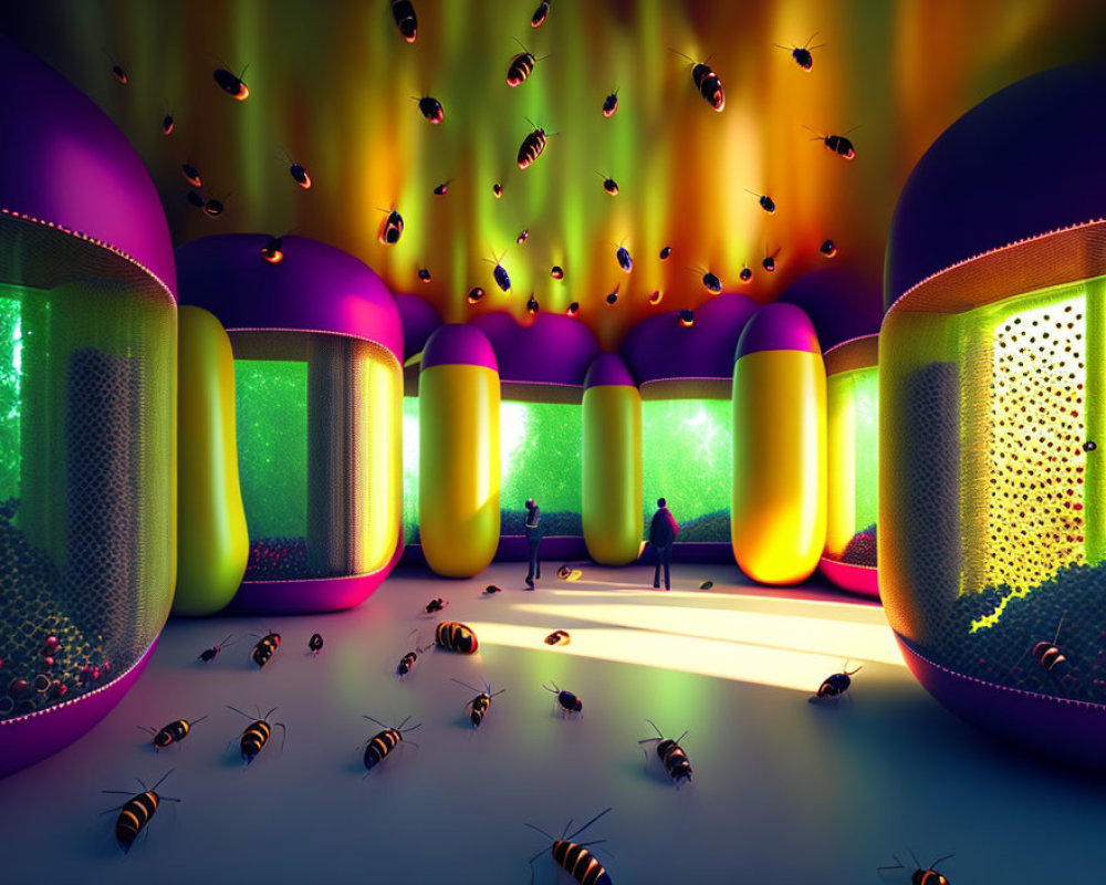 Vibrant illustration of oversized capsules in room with bees and two observers