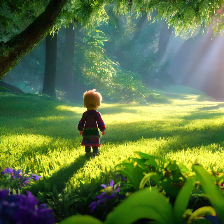 Animated character in magical forest with sunlight beams
