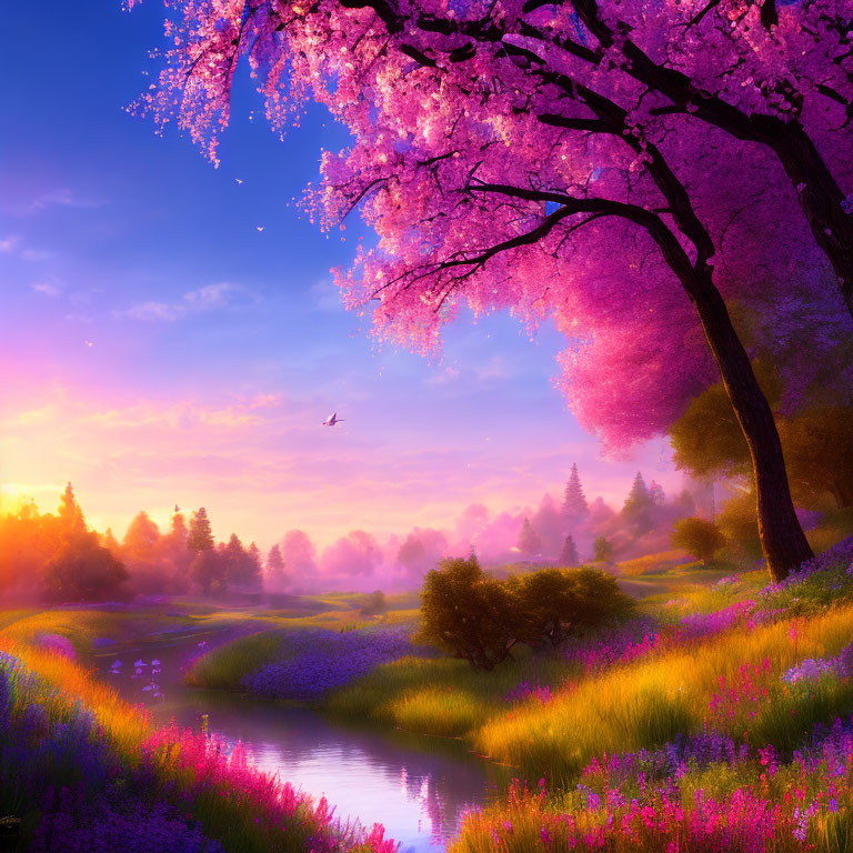 Colorful landscape with pink blossoming tree, wildflowers, river, bird, and sunrise or sunset