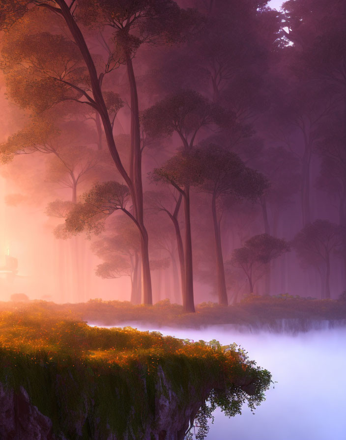 Misty forest with towering trees in purple haze above cliff of yellow wildflowers