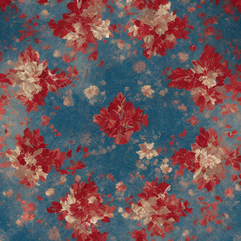 Vibrant red and white floral design on textured blue backdrop