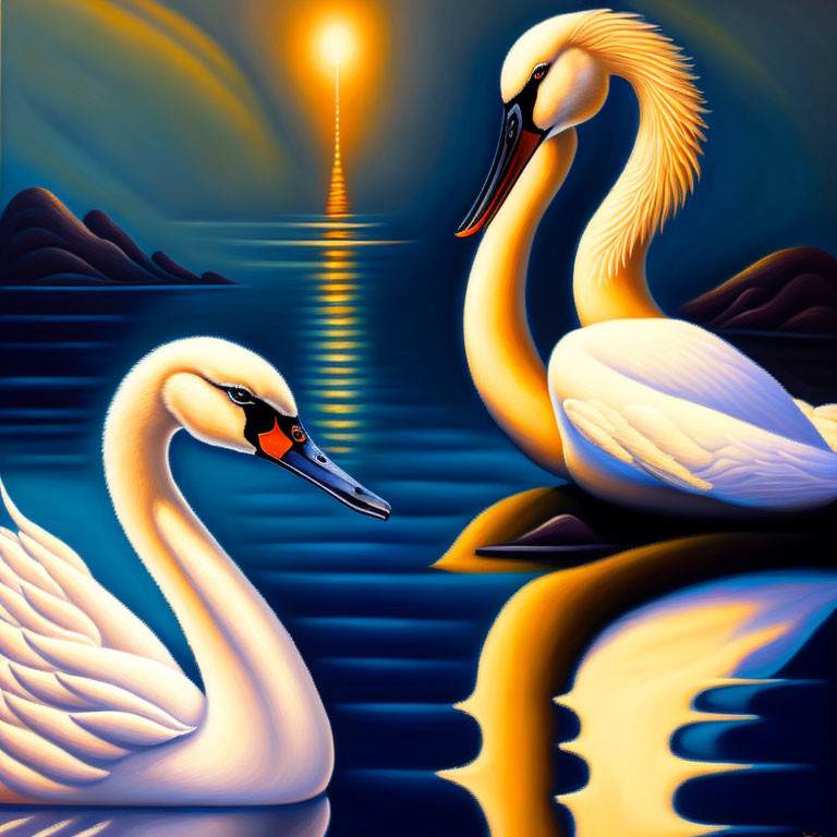 Elegant swans on reflective blue water at sunset