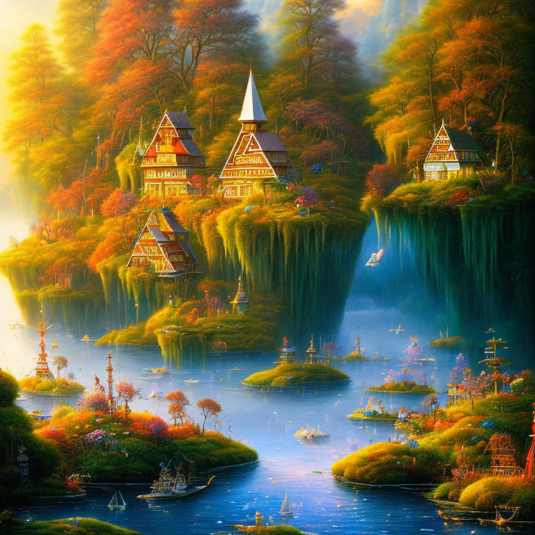 Colorful Fantasy Landscape with Waterfalls, Forests, and Cliff Houses