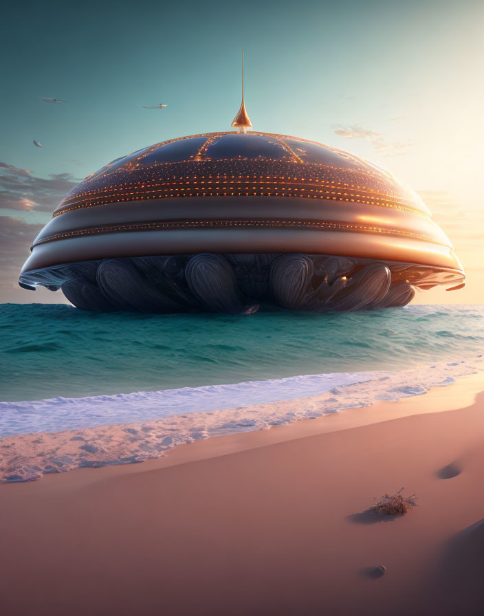 Futuristic UFO with glowing lights above serene beach at sunset