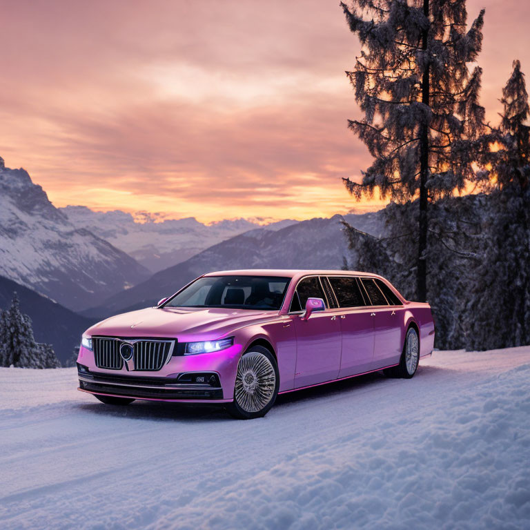 Pink Limousine Parked on Snowy Mountain Landscape at Dusk