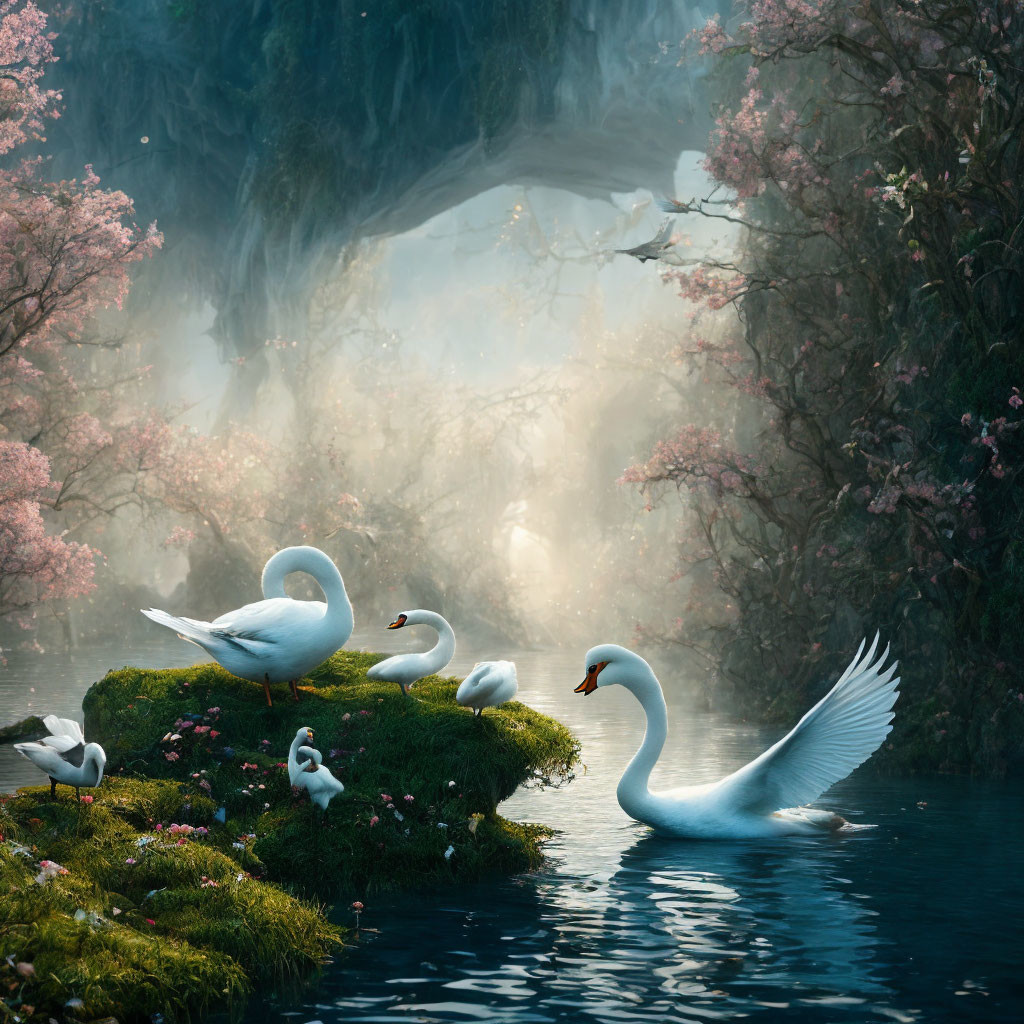 Swans and ducks in serene lake with cherry blossoms and stone bridge