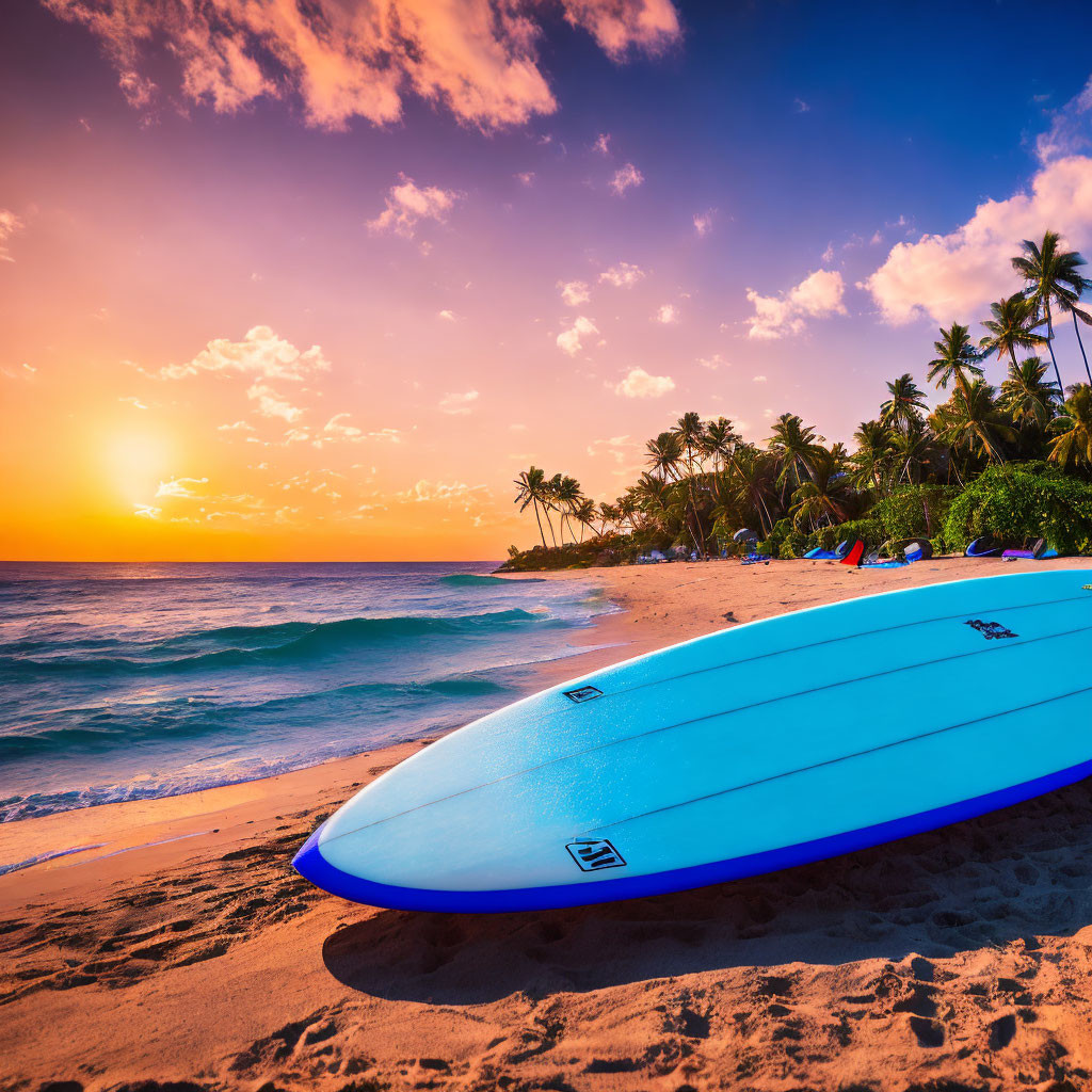 Tropical beach sunset scene with surfboard and palm trees