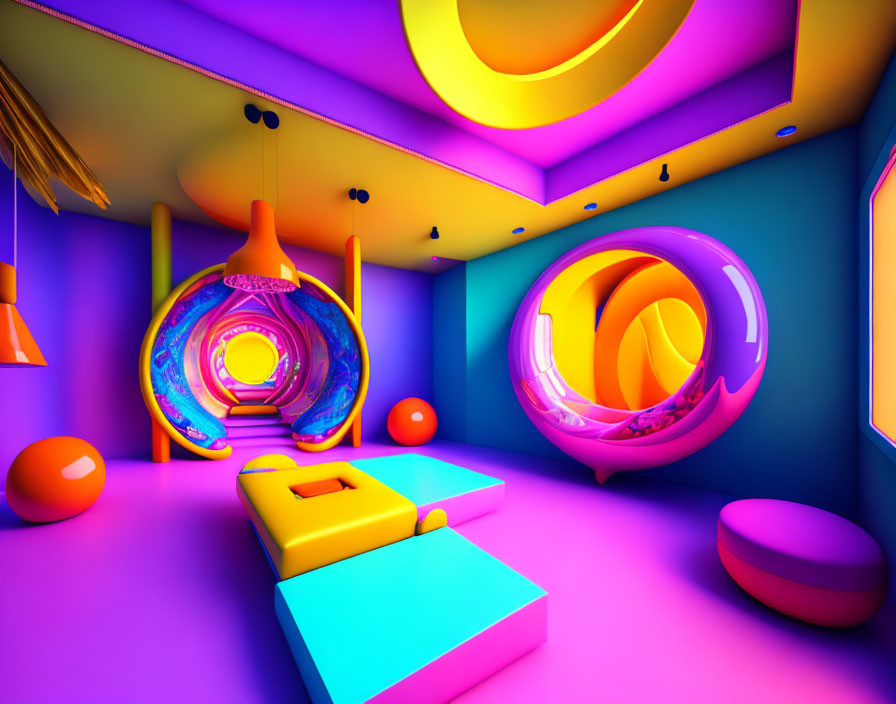 Colorful Psychedelic Room with Bubble Chairs & Modern Furniture